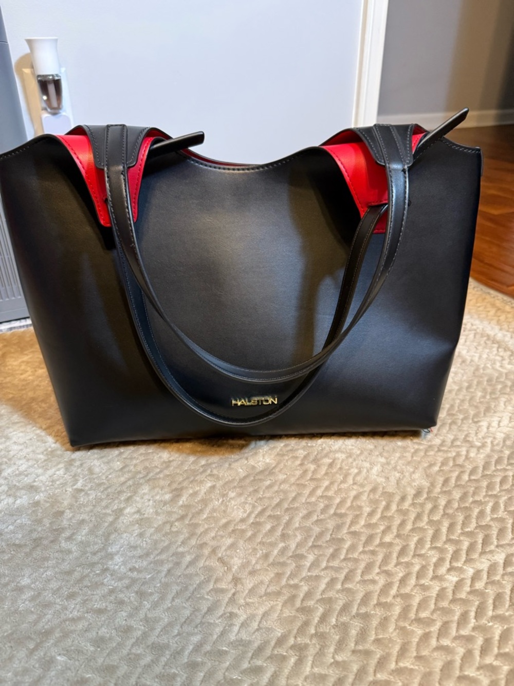 HALSTON Brooke Mini Tote Black Red Interior Shoulder Bag Chic Minimalist - Picture 12 of 13
